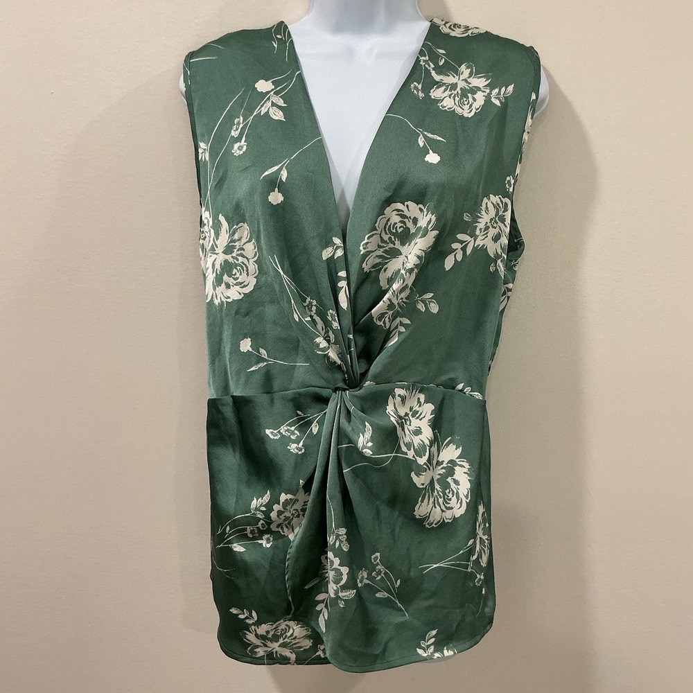 Vanilla Bay Green Floral Knotted Front Satin Sleeveless Blouse Size L Office USA